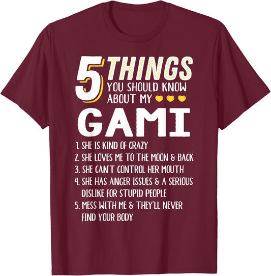Funny 5 Things Grandma Gami Gift T-Shirt - T-Shirt | Maroon