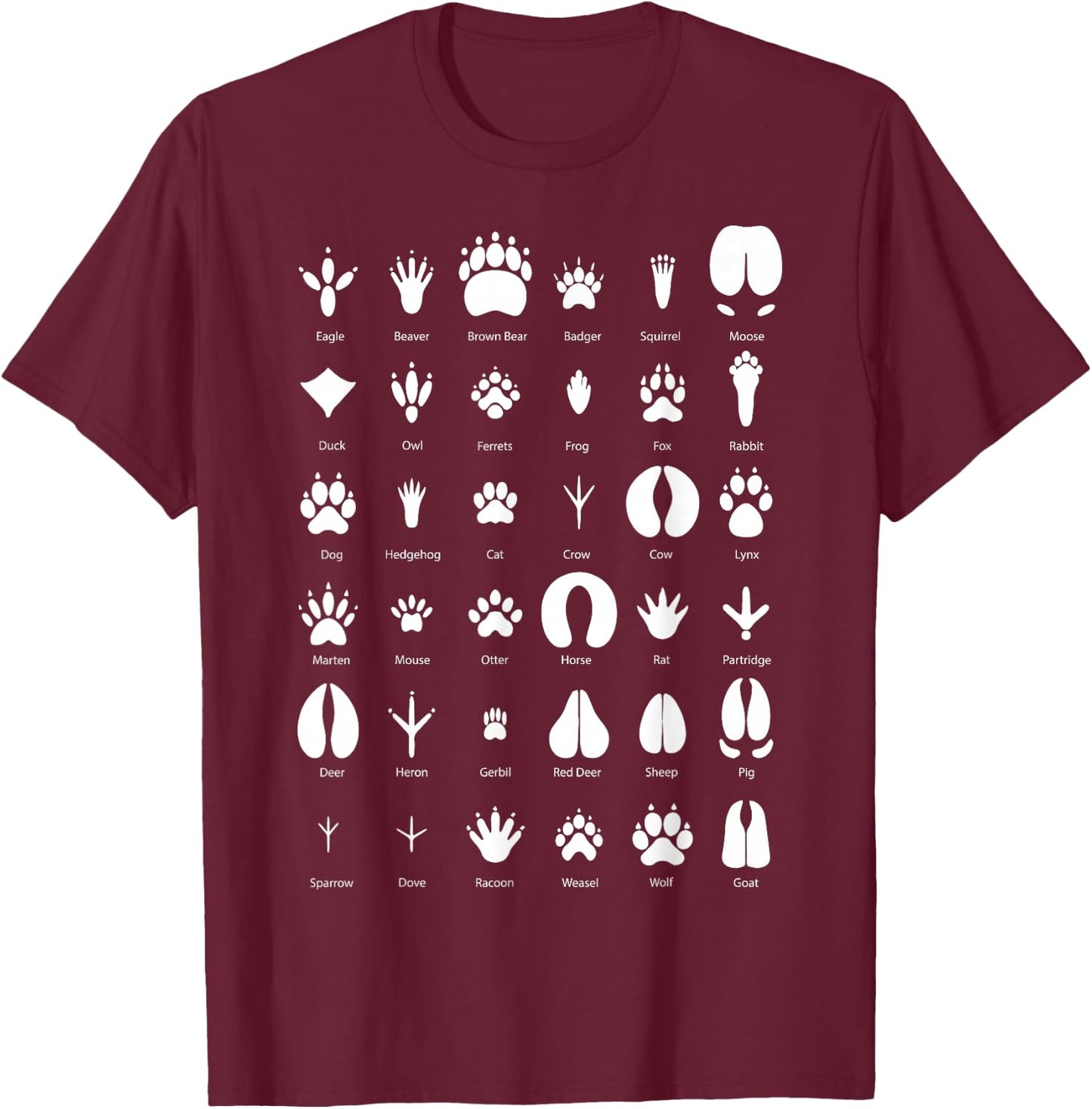 Animals of the Forest Footprint Collection Gift T-Shirt - T-Shirt | Maroon