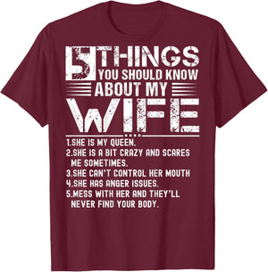 5 Things You Should Know About My Wife (On Back) husband T-Shirt - T-Shirt | Maroon