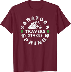 Travers Stakes Saratoga Springs Horse Race Fan Vintage Gift T-Shirt - T-Shirt | Maroon