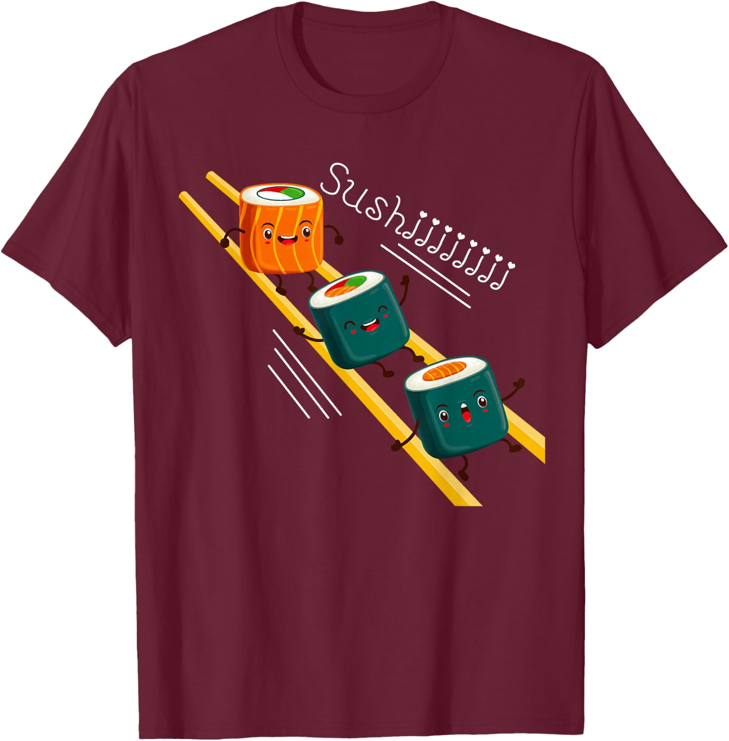 Funny Happy Cute Sushi Anime character Kawaii Japaneses Food T-Shirt - T-Shirt | Maroon