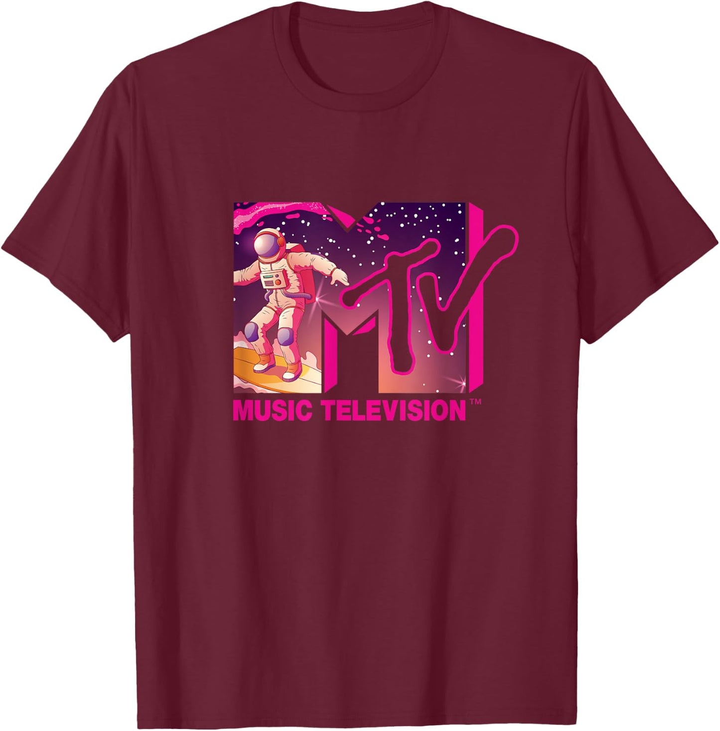 Mademark x MTV - Official MTV Logo - Surfing Astronaut in Space T-Shirt - T-Shirt | Maroon