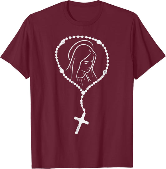 Rosary Virgin Mary God Jesus Faith Religious Catholic Gift T-Shirt - T-Shirt | Maroon