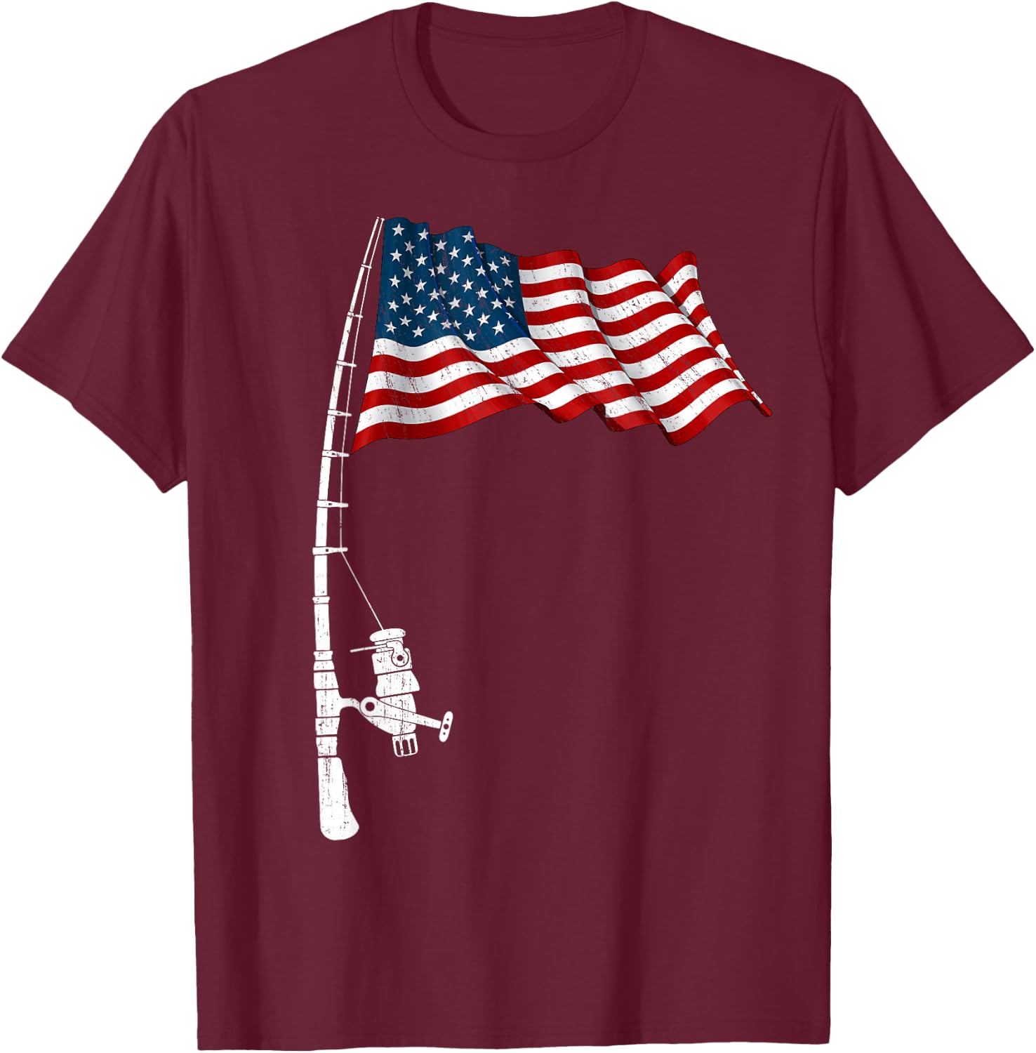 Vintage Fishing Rod American Flag Funny Fishing 4th of July Men T-Shirt - T-Shirt | Maroon