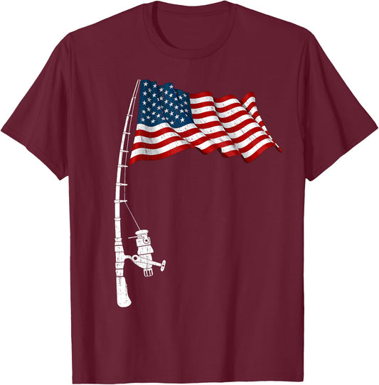Vintage Fishing Rod American Flag Funny Fishing 4th of July Men T-Shirt - T-Shirt | Maroon