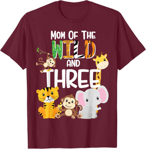 Mom of the Wild and Three Zoo Theme Birthday Safari Jungle T-Shirt - T-Shirt | Maroon