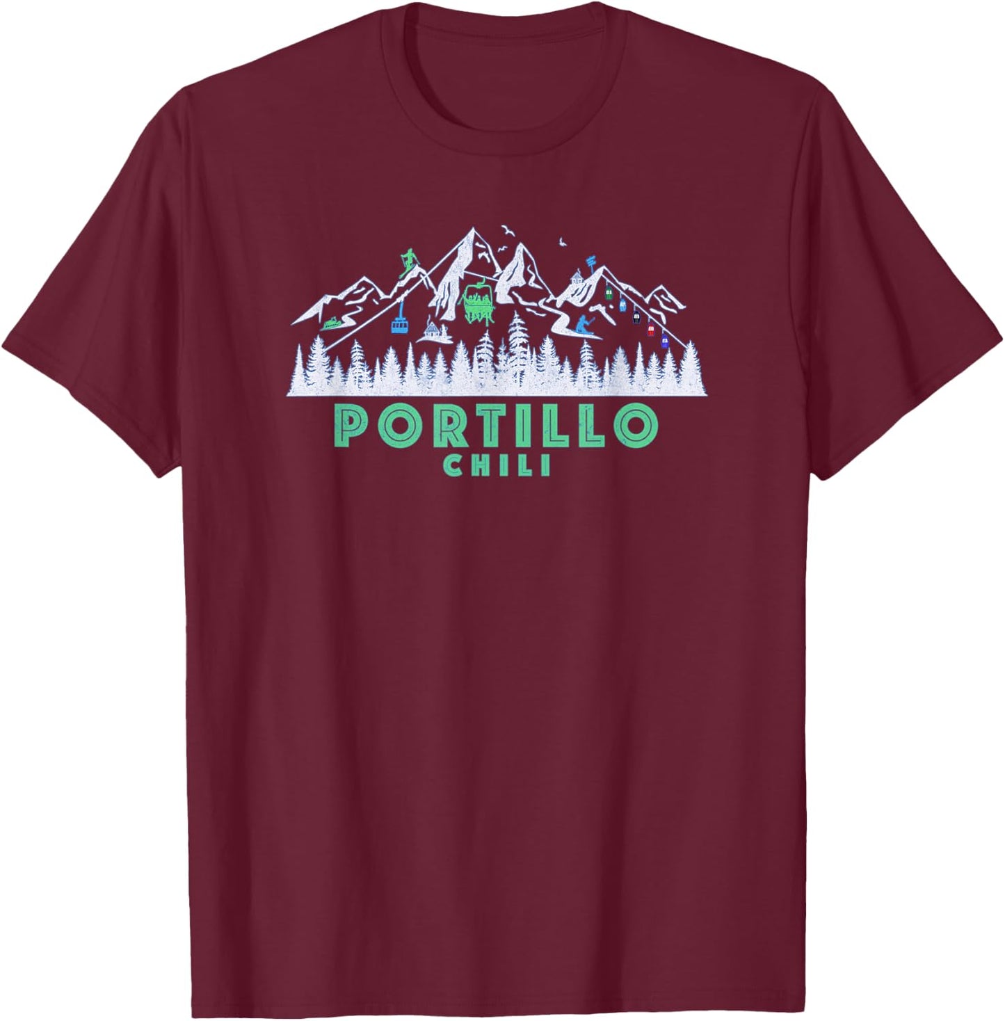 Retro Portillo, Chili Illustration - Vintage Snow Ski T-Shirt - T-Shirt | Maroon