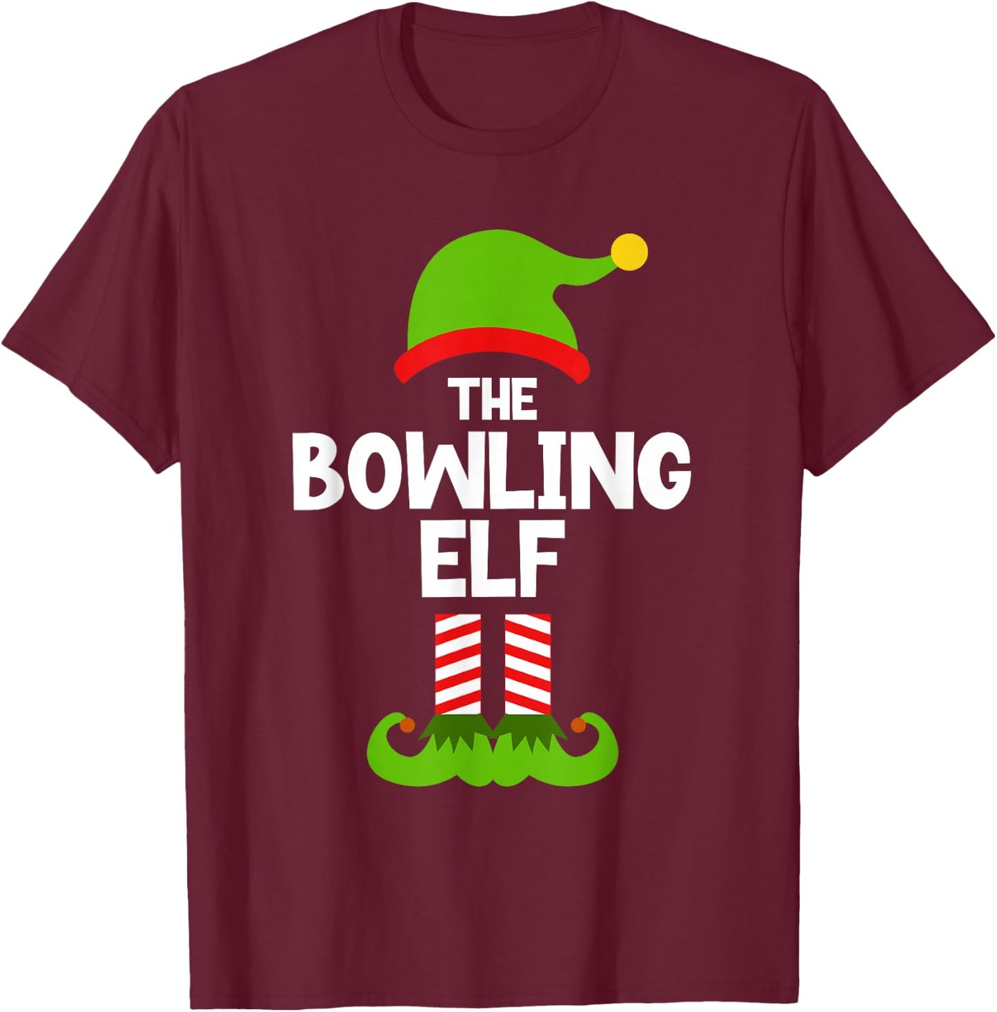 Funny The Bowling Elf Christmas Family Pajama Player Bowler T-Shirt - T-Shirt | Maroon