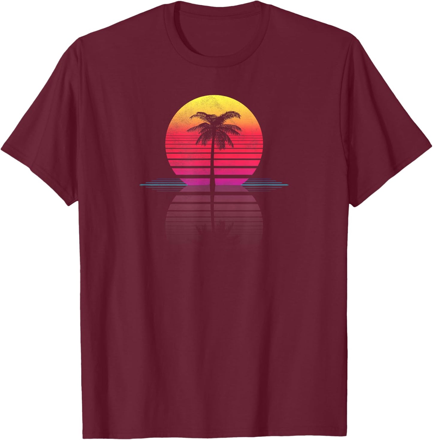 Vintage 80s 90s Retro Surf Outrun Sun Synthwave Palm Tree T-Shirt - T-Shirt | Maroon
