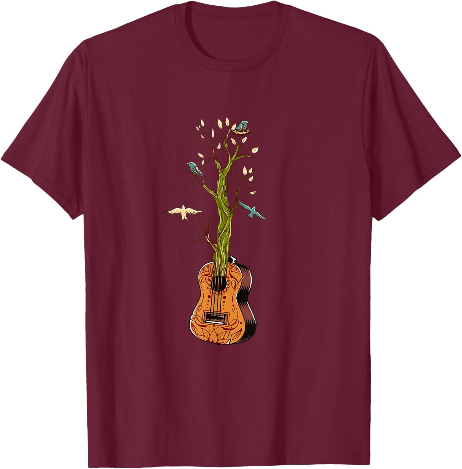 Flowers Birds Tree Nature Guitar T-Shirt - T-Shirt | Maroon