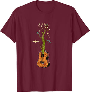 Flowers Birds Tree Nature Guitar T-Shirt - T-Shirt | Maroon