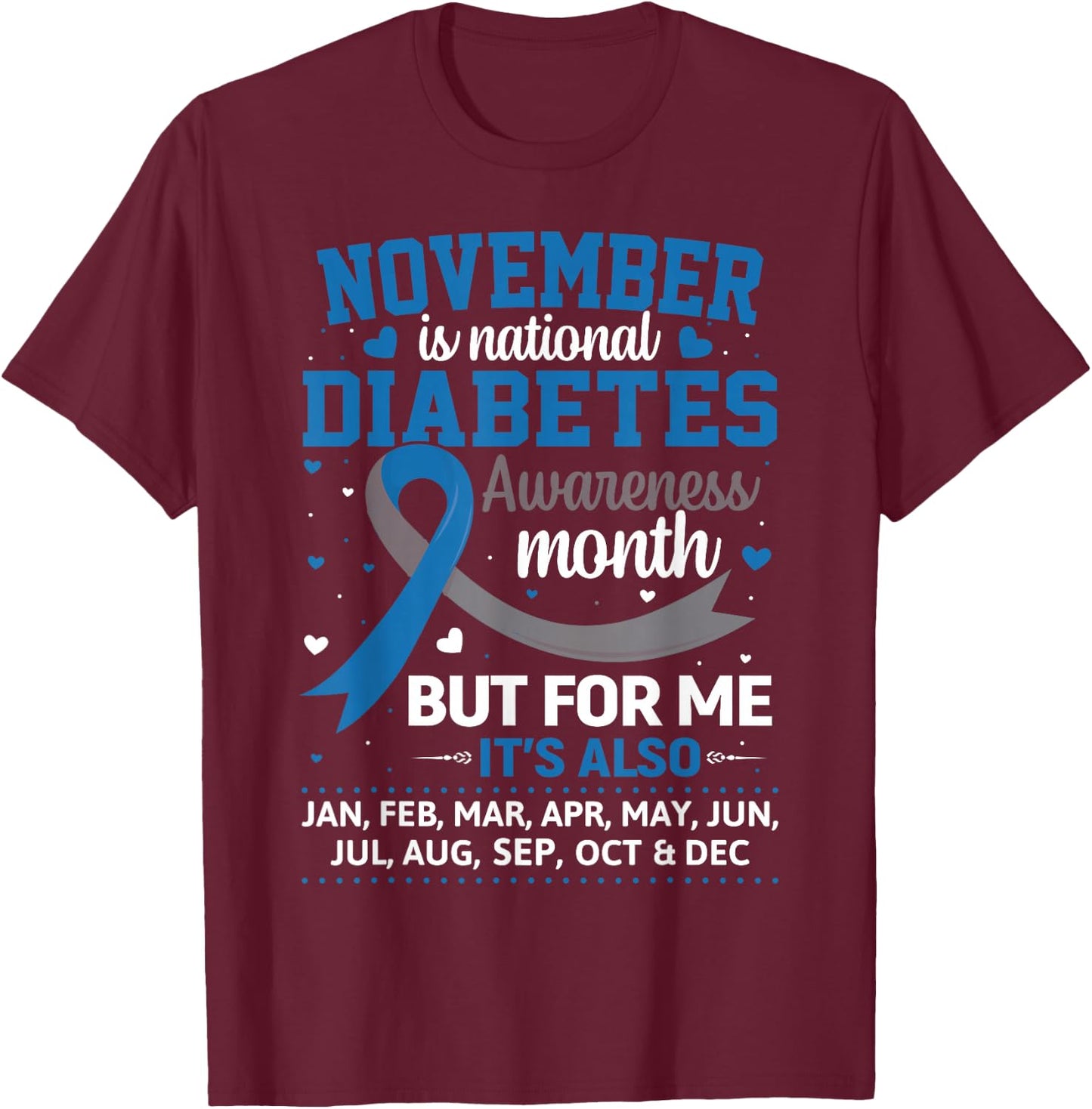 November is Diabetes Awareness Month Blue and Gray Ribbon T-Shirt - T-Shirt | Maroon