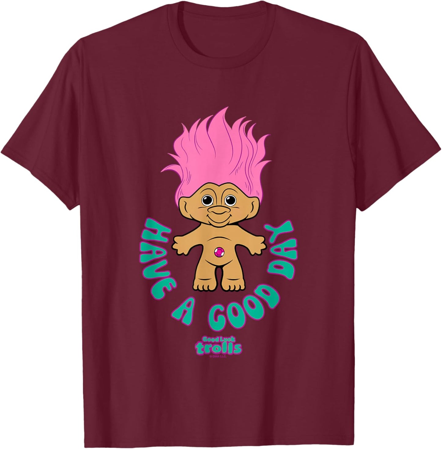 Good Luck Trolls Have A Good Day Cute Pink Troll Chest Logo T-Shirt - T-Shirt | Maroon