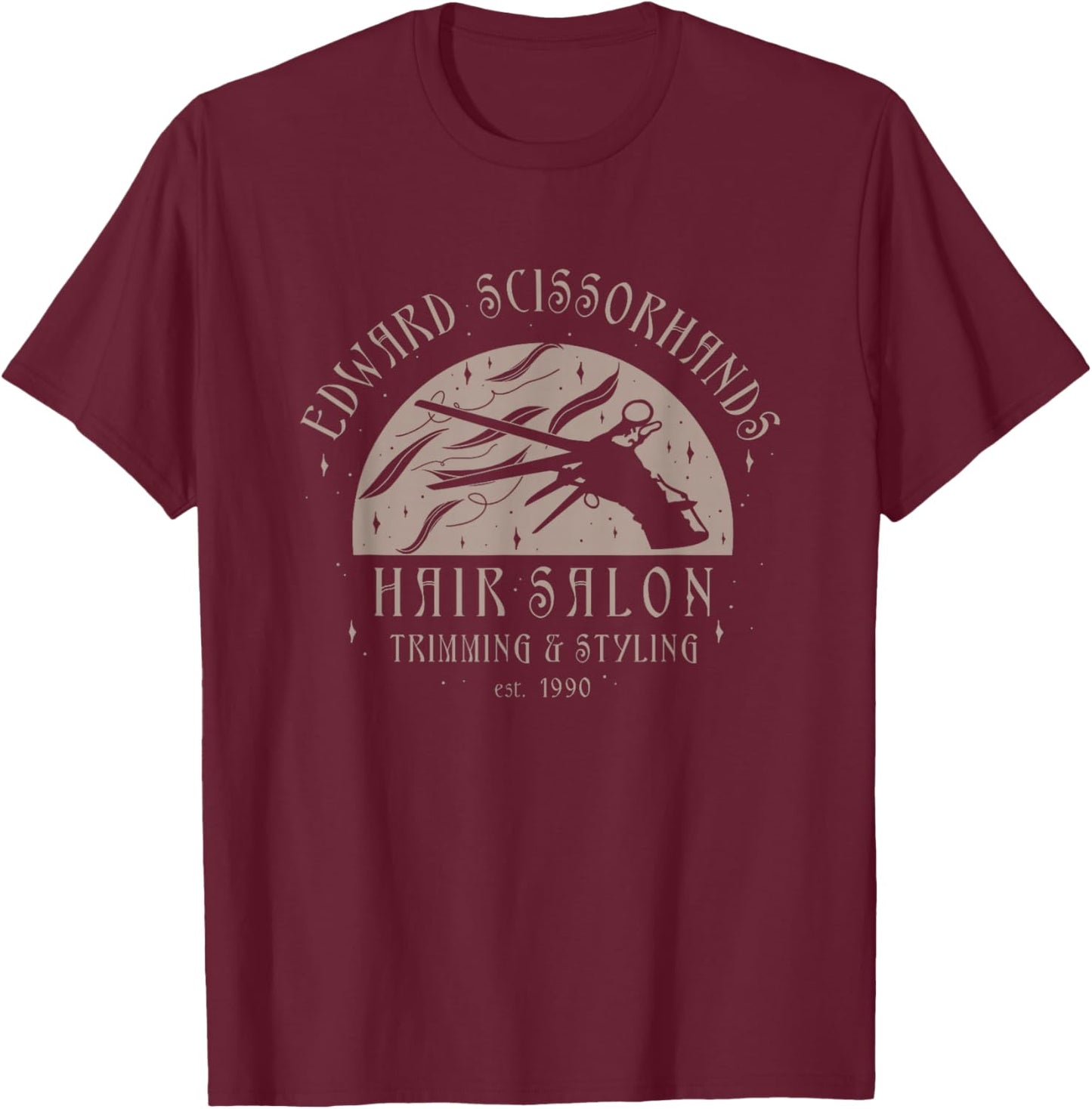 Edward Scissorhands Hair Salon Trimming & Styling Est.1990 T-Shirt - T-Shirt | Maroon