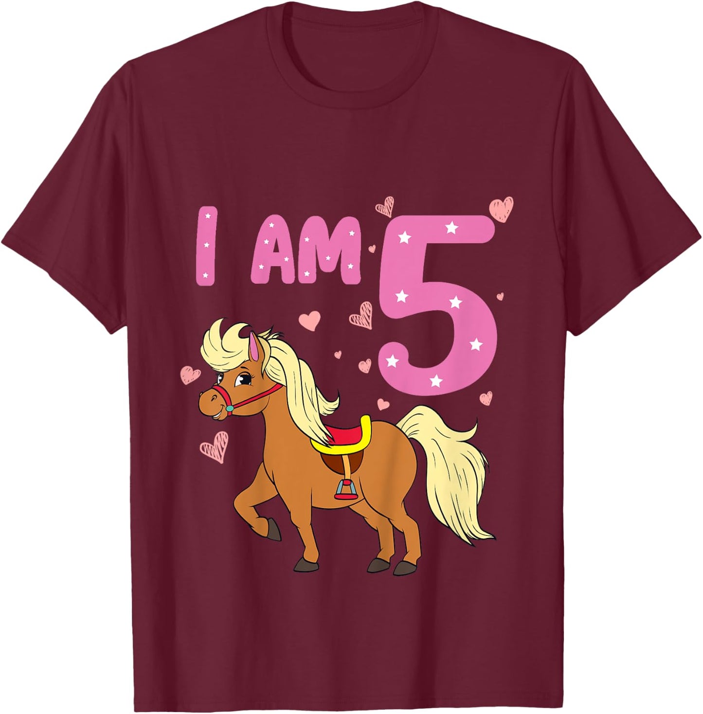 Pony Girl 5th Birthday Horse 5 Years Old Girls Pony Birthday T-Shirt - T-Shirt | Maroon