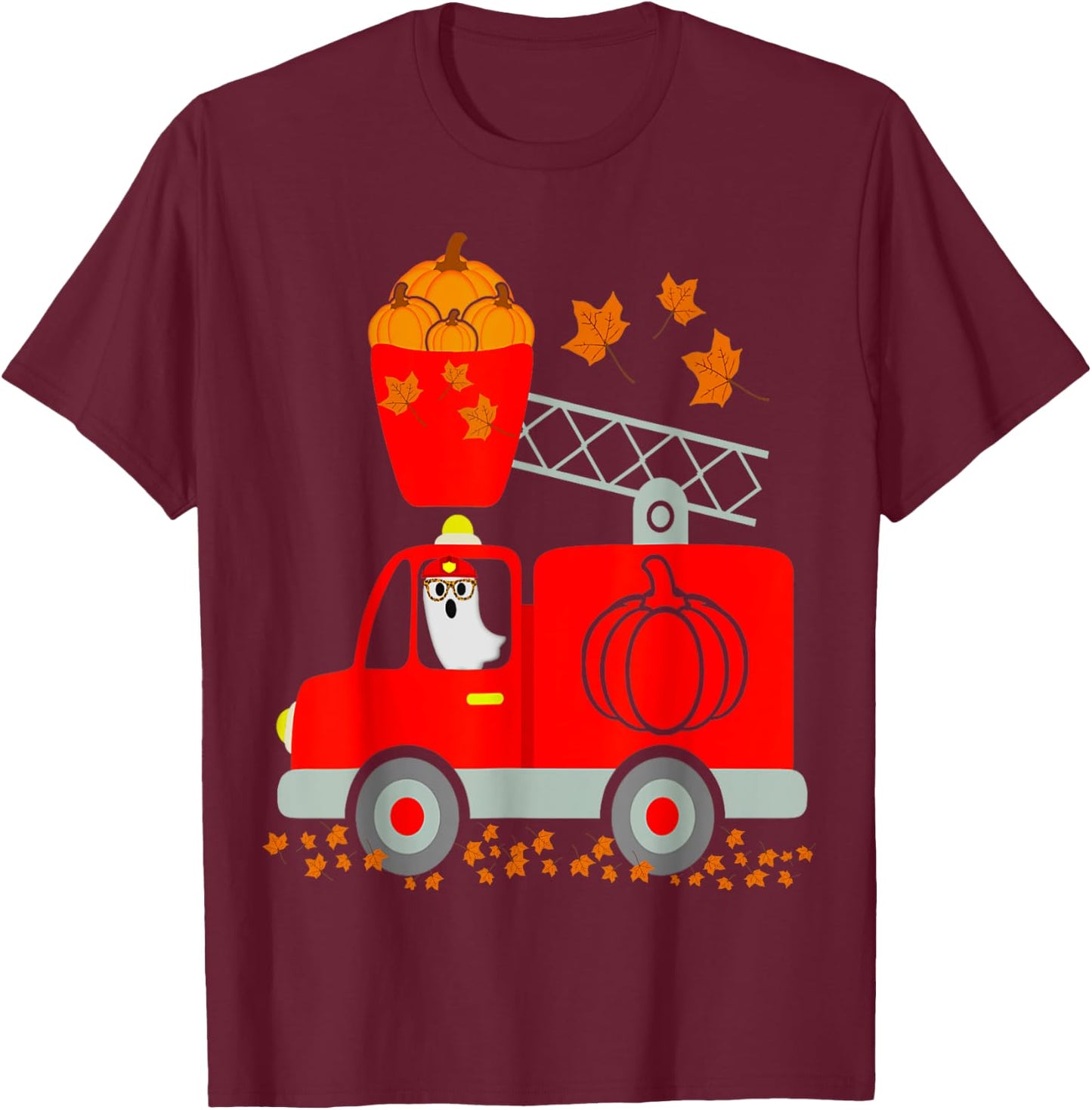 Funny Ghost Pumpkin Fire Truck Halloween For Son Kids Adult T-Shirt - T-Shirt | Maroon