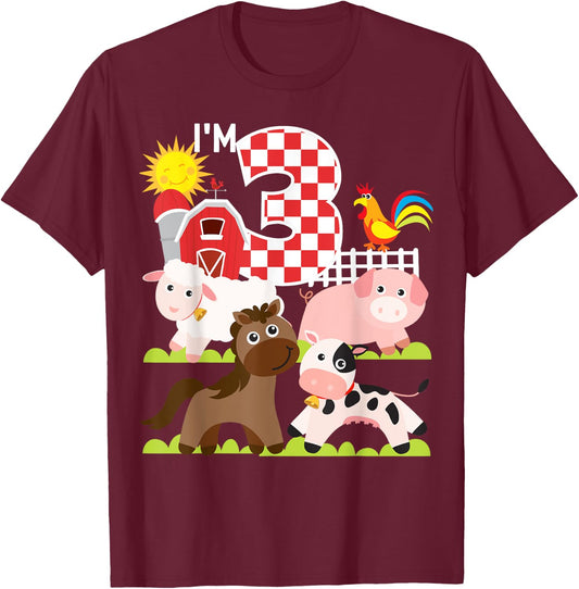 Farm Animals Barnyard 3rd Birthday I'm 3 Year Old Toddler T-Shirt - T-Shirt | Maroon