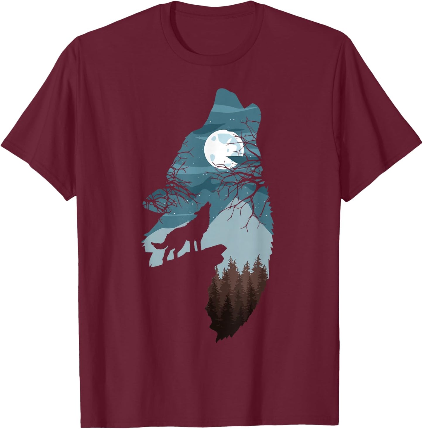 Forest with Full-Moon and Cliff of Silhouette Howling Wolf T-Shirt - T-Shirt | Maroon