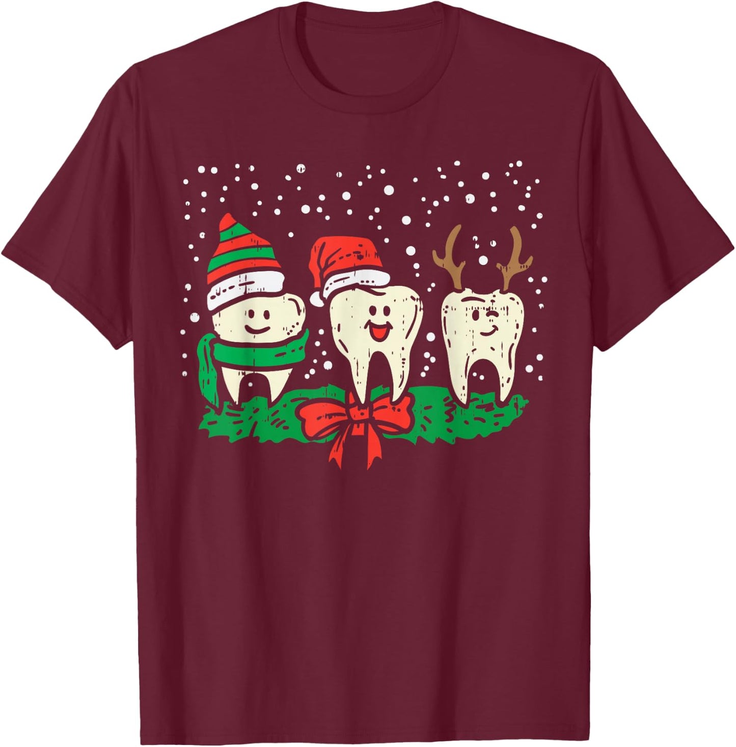 Dental Cute Christmas Teeth Reindeer Santa Snow Dentist Gift T-Shirt - T-Shirt | Maroon