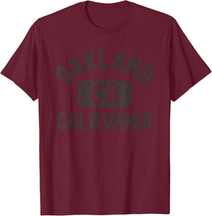 Oakland California Gym Style Distressed Black Print T-Shirt - T-Shirt | Maroon