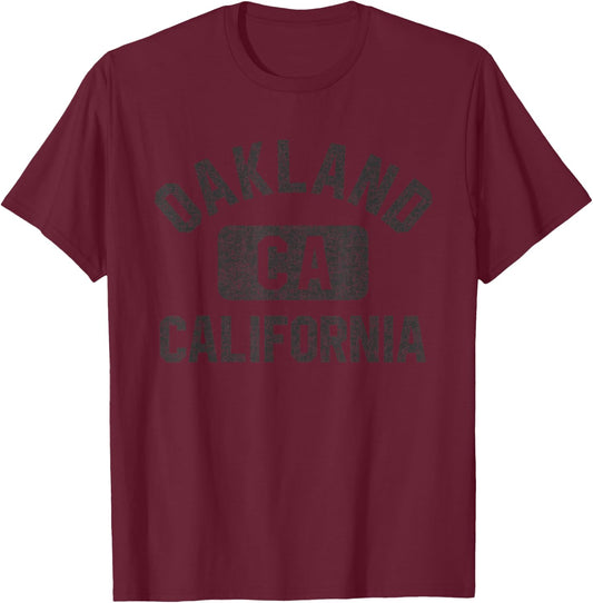 Oakland California Gym Style Distressed Black Print T-Shirt - T-Shirt | Maroon