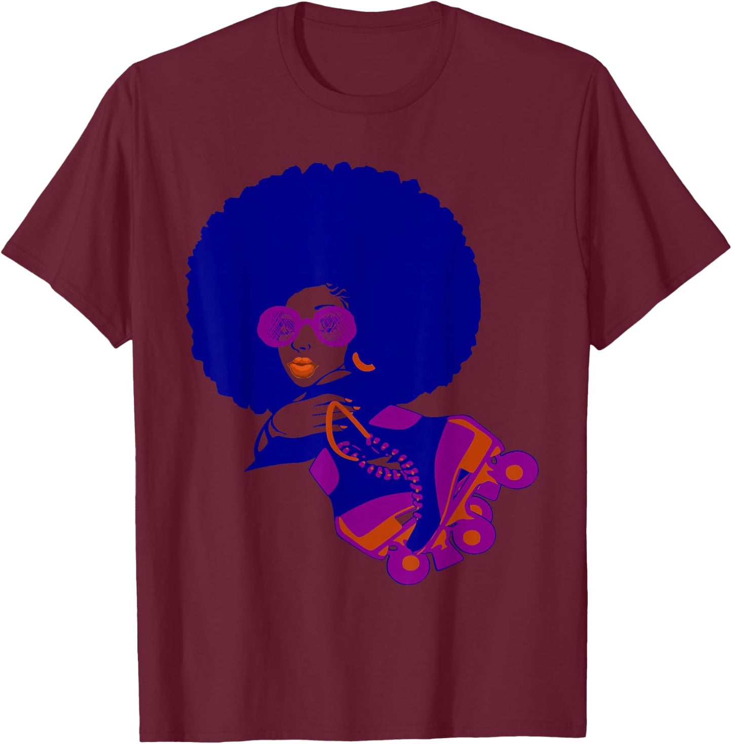 70's Afro Woman Roller Skates Teens and Women T-Shirt - T-Shirt | Maroon