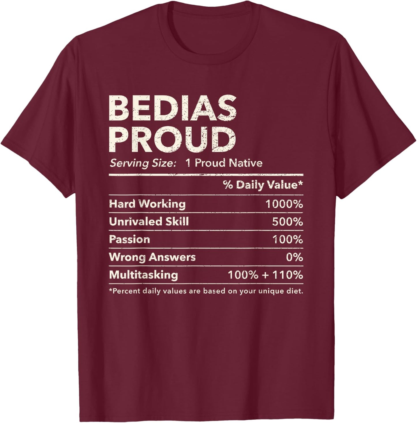 Bedias, Texas Proud Nutrition Facts T-Shirt - T-Shirt | Maroon