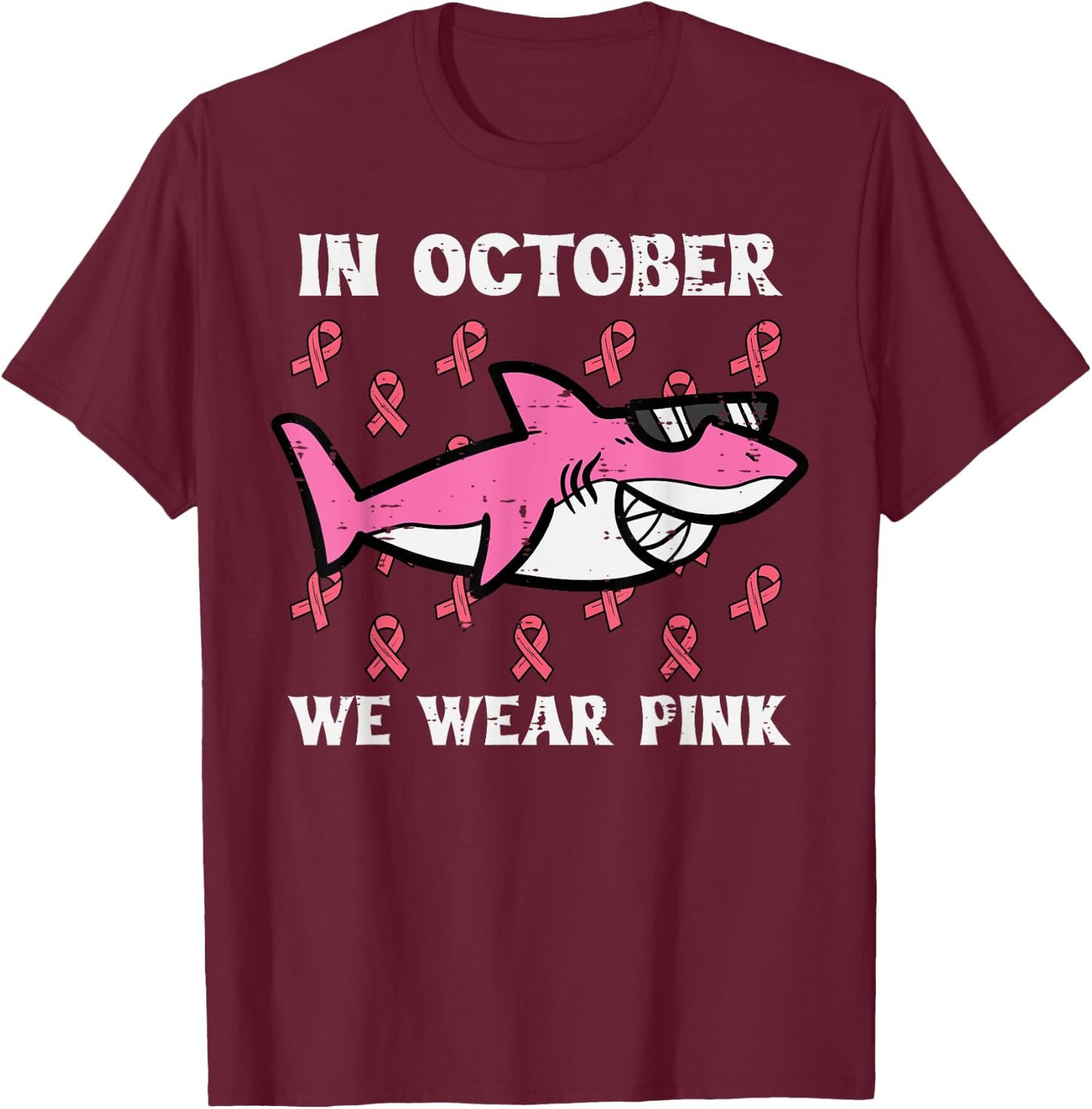 October We Wear Pink Shark Breast Cancer Awareness Boys Kids T-Shirt - T-Shirt | Maroon