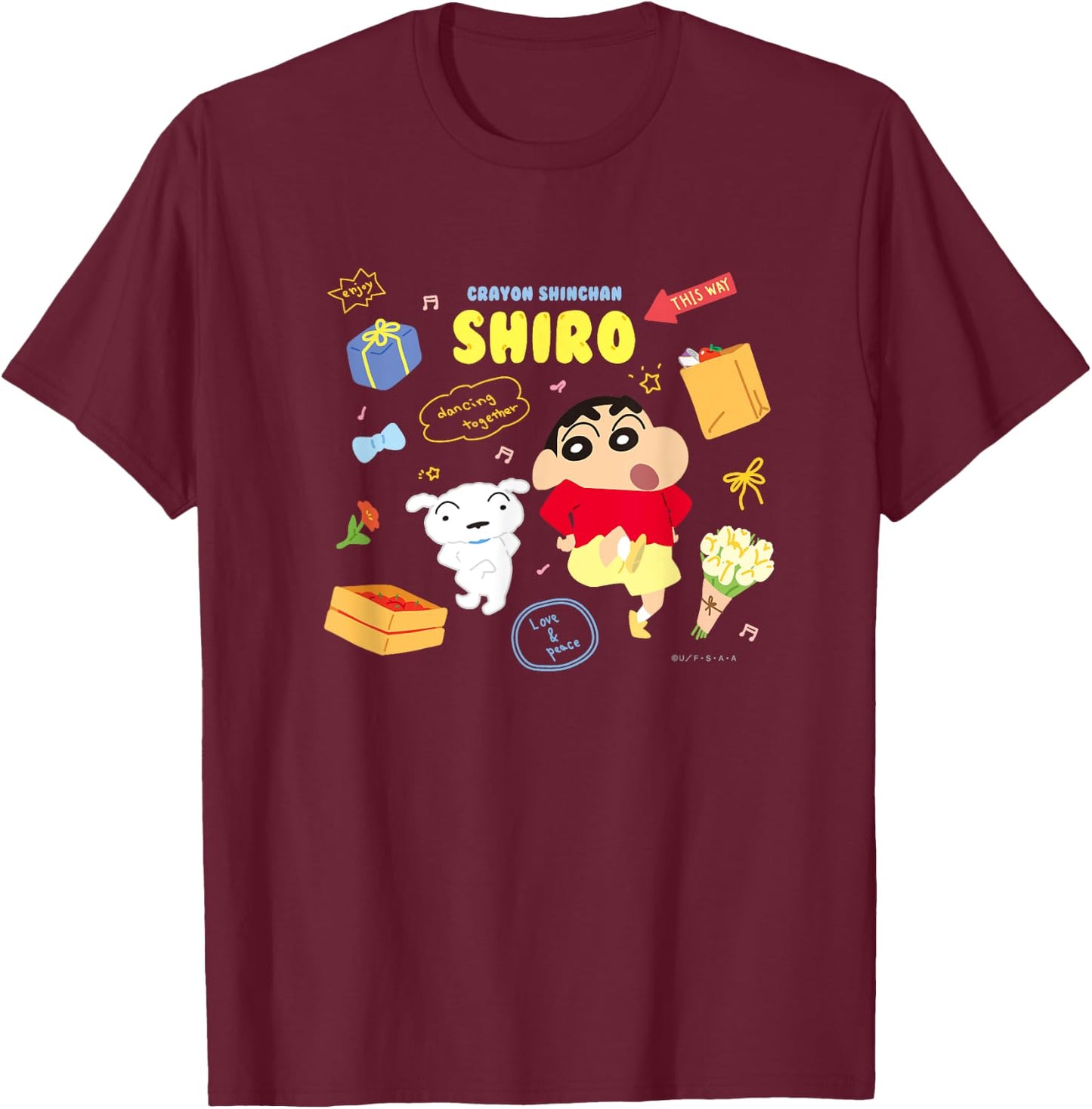 Crayon Shin-chan happy!Shiro Dance together T-Shirt - T-Shirt | Maroon