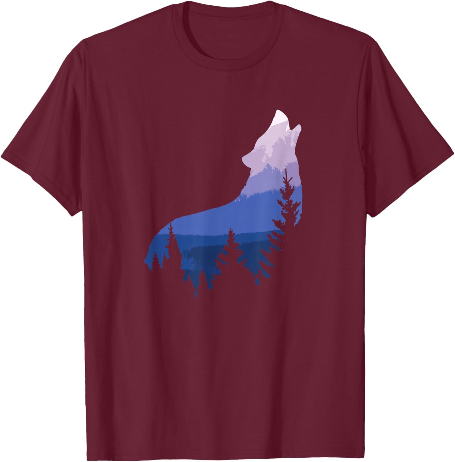 Wolf Silhouette Forest Mountain T-Shirt - T-Shirt | Maroon