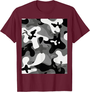 Grey Black White Camouflage Army Military Soldier Camouflage T-Shirt - T-Shirt | Maroon