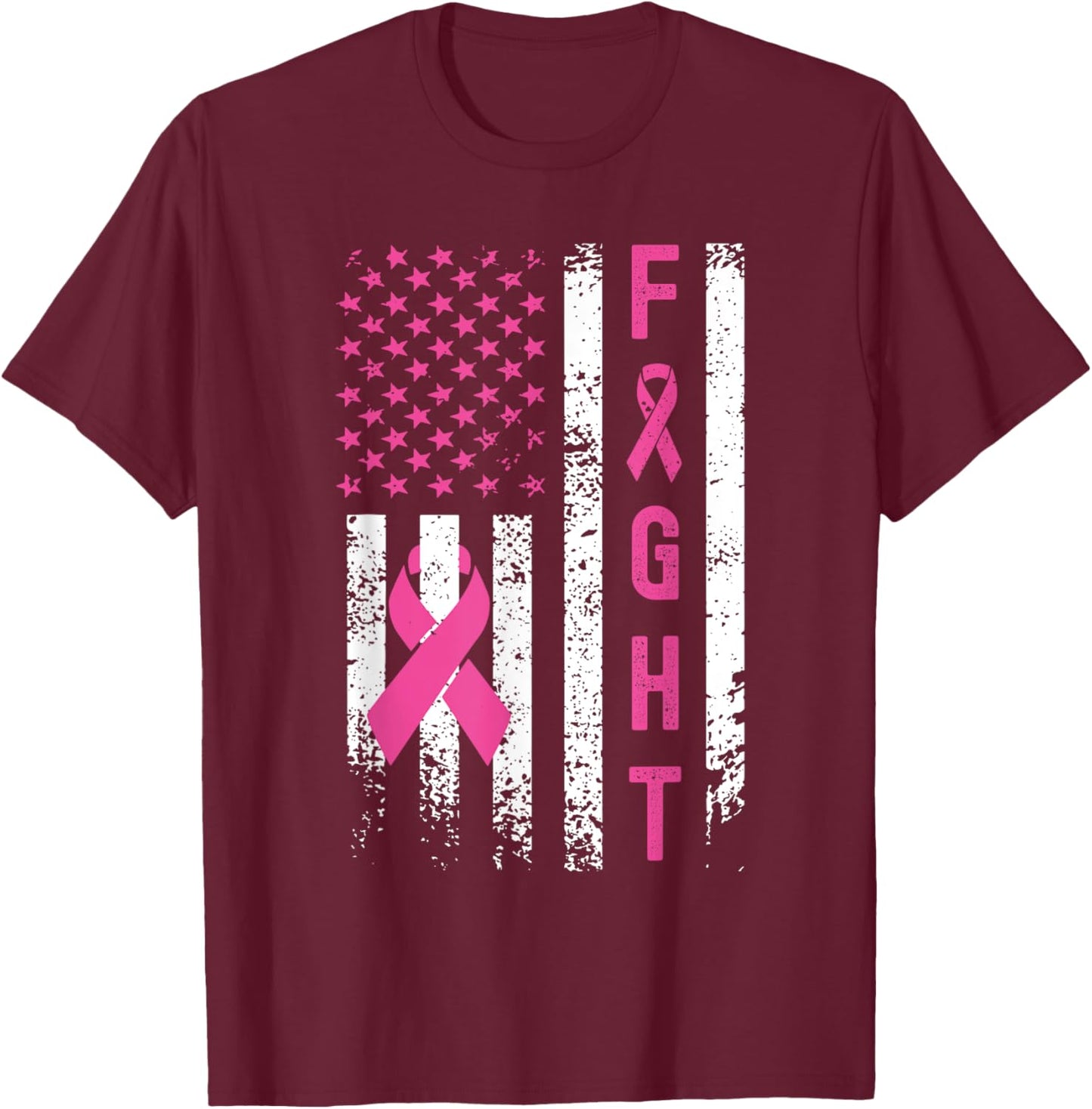 Fight Breast Survivor American Flag Breast Cancer Awareness T-Shirt - T-Shirt | Maroon