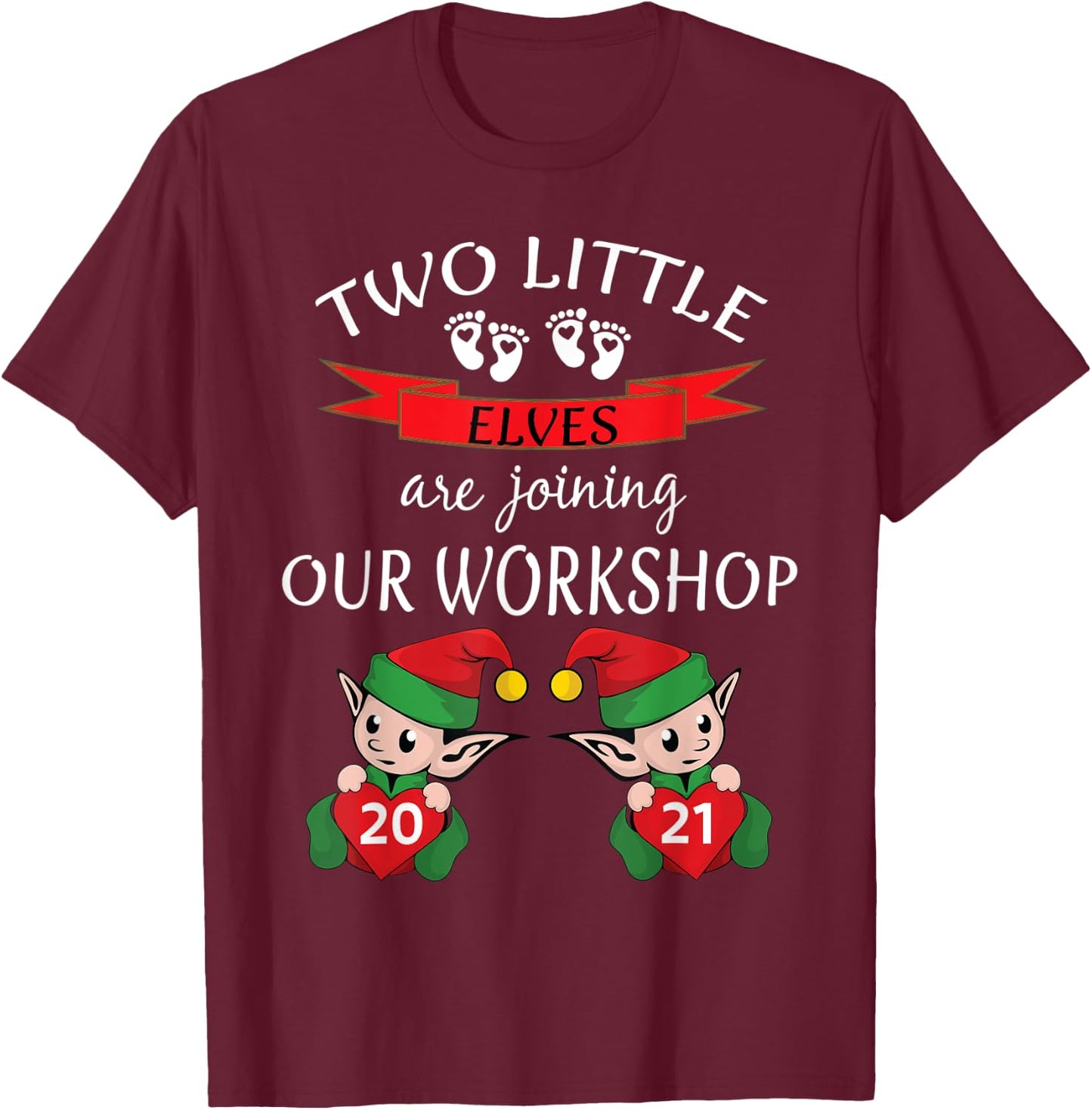 Cute 2021 Twins Christmas Pregnancy New Mom Baby Reveal Elf T-Shirt - T-Shirt | Maroon