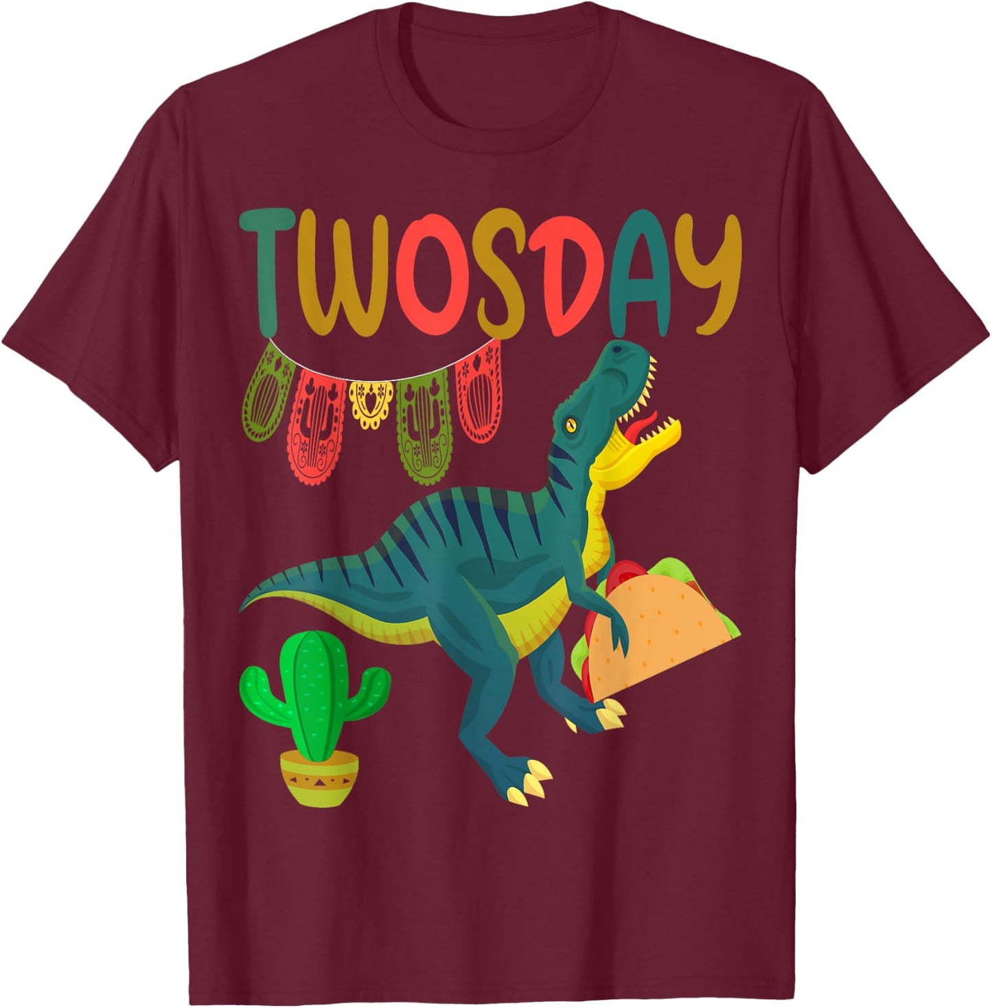 Taco Twosday Toddler Dinosaur 2nd Birthday Cinco De Mayo T-Shirt - T-Shirt | Maroon