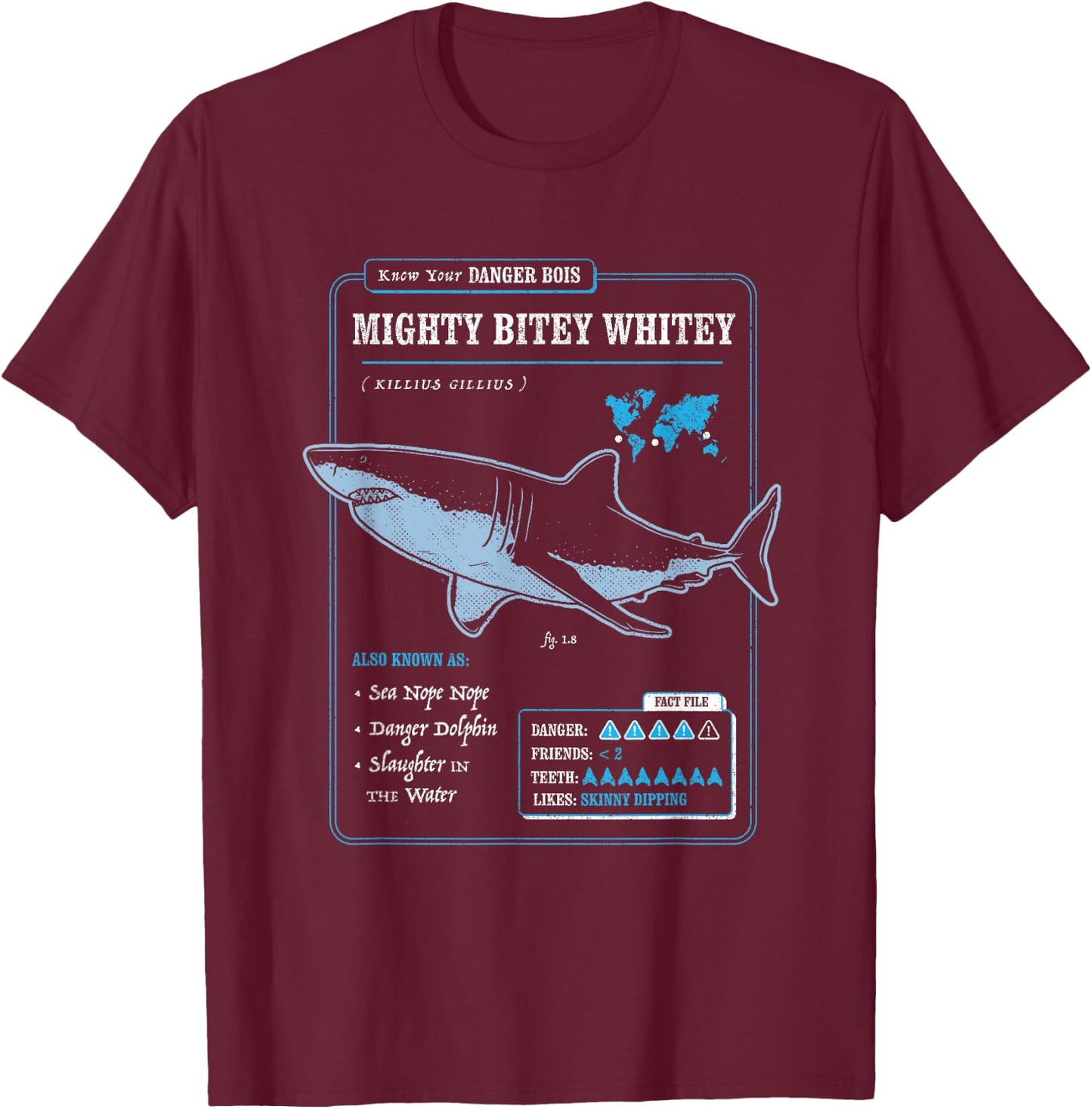 Know Your Mighty Bitey Whitey (AKA Great White Shark) T-Shirt - T-Shirt | Maroon