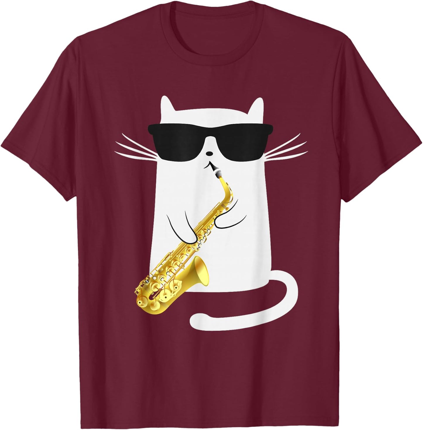 Funny Cat Wearing Sunglasses Playing Saxophone Gift T-Shirt - T-Shirt | Maroon