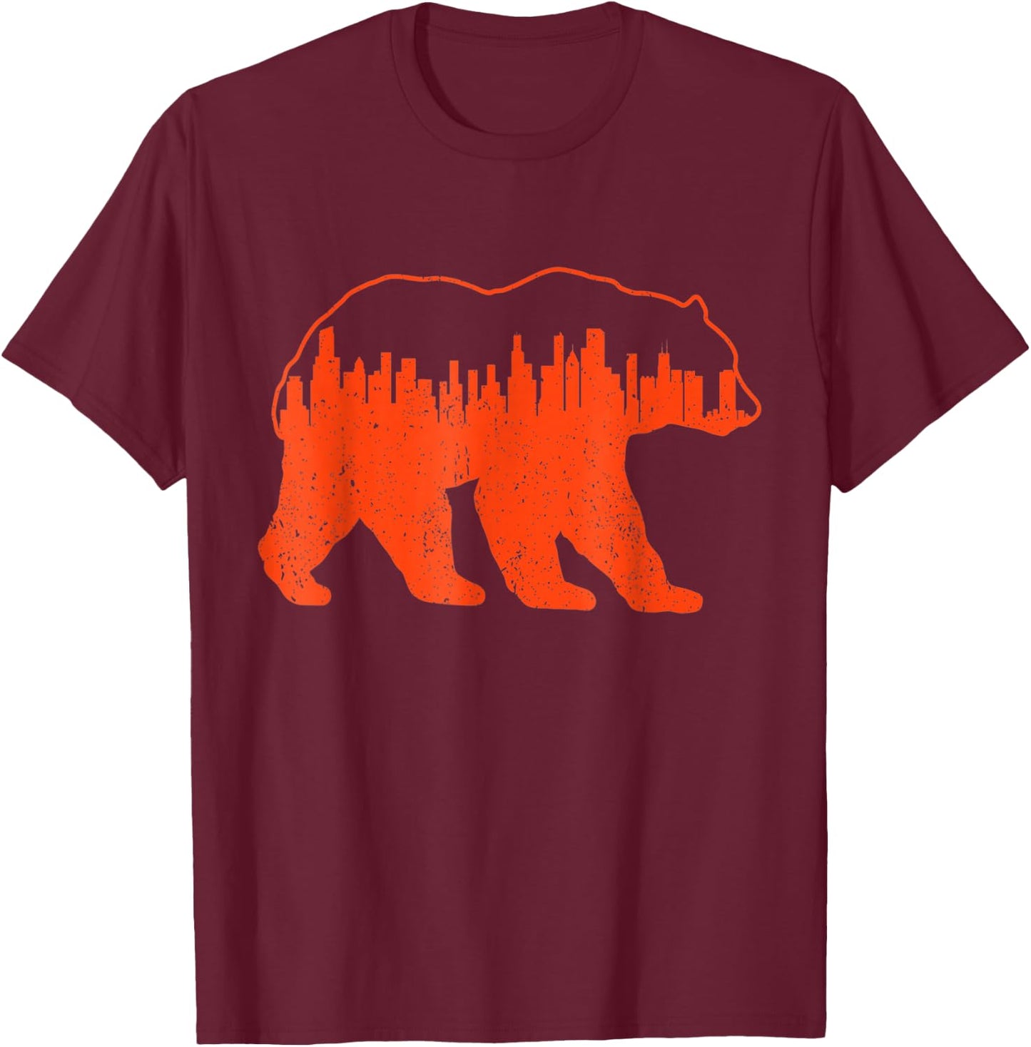 Vintage Downtown Chicago City Skyline Walking-Bear Novelty T-Shirt - T-Shirt | Maroon