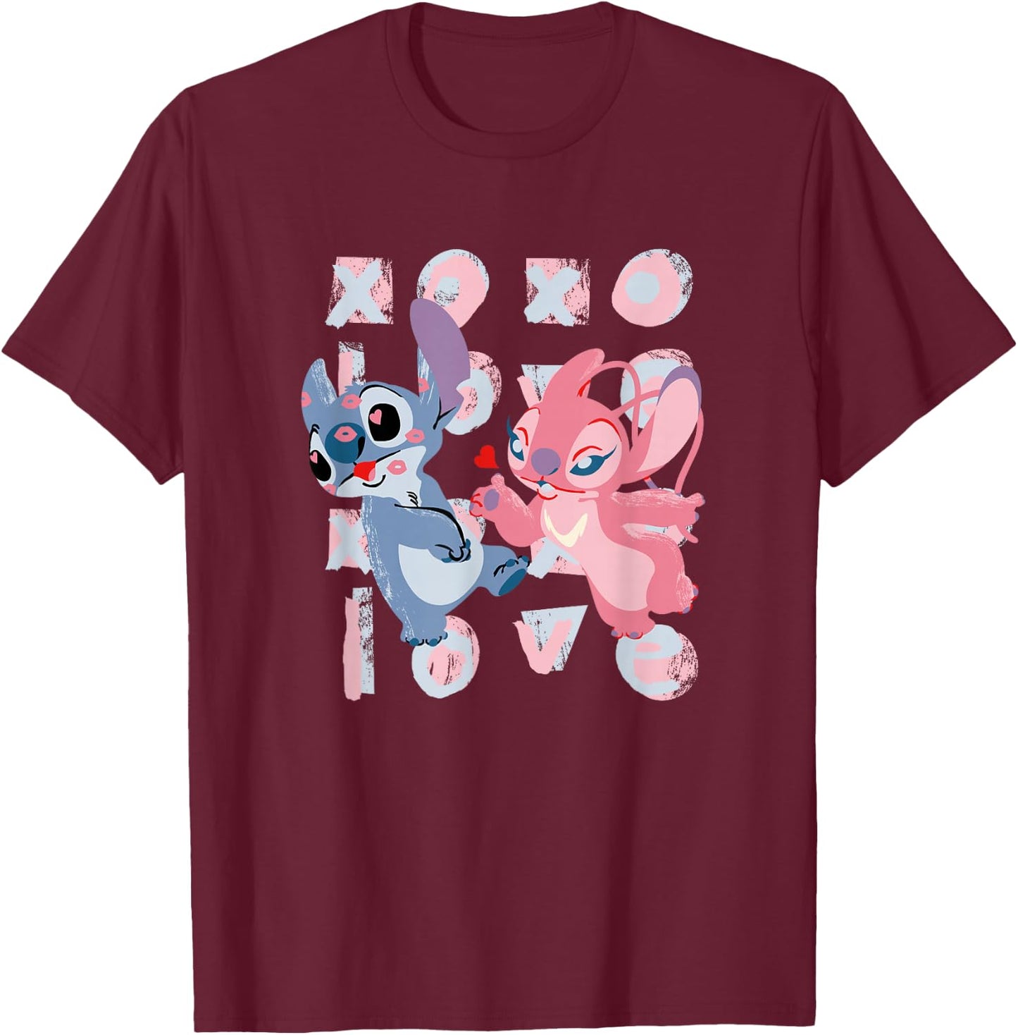 Disney Lilo & Stitch Valentine's Day XOXO Stitch & Angel T-Shirt - T-Shirt | Maroon