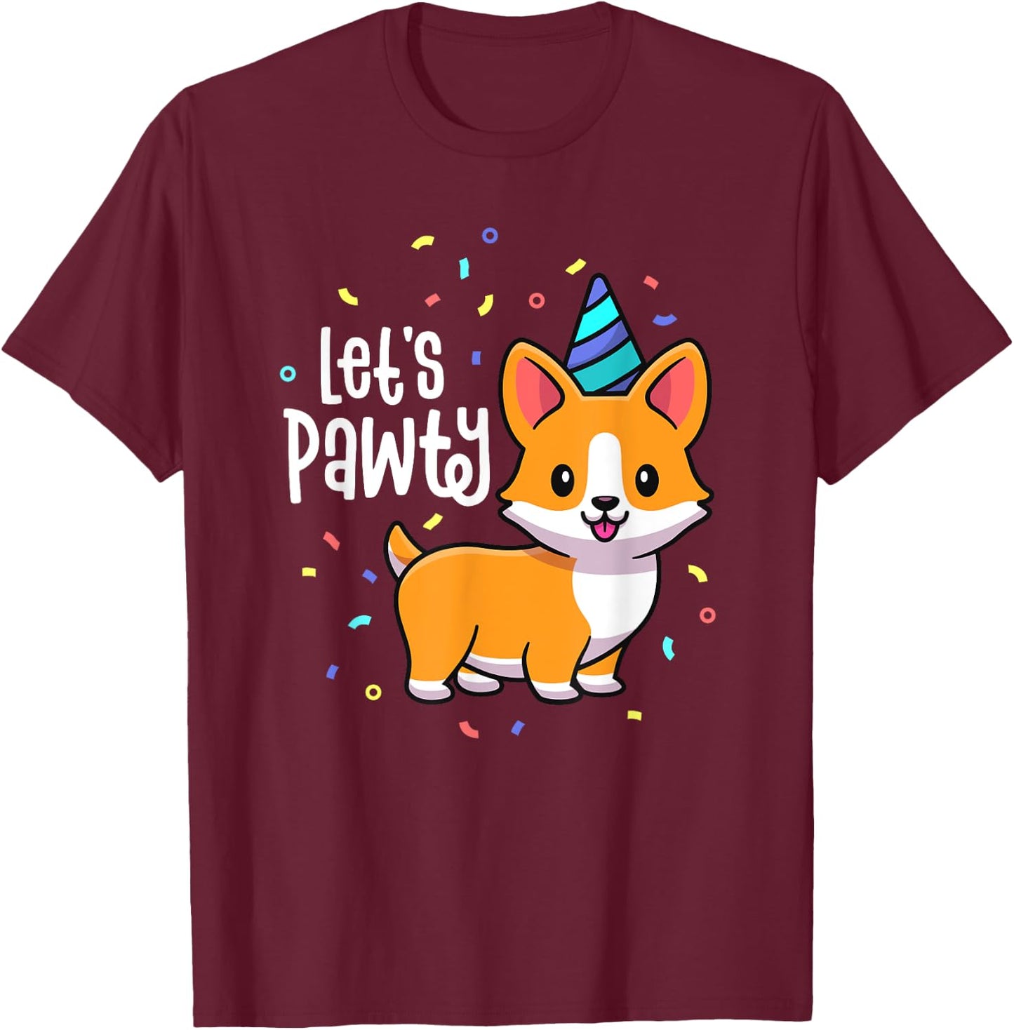Lets Pawty Birthday Corgi Outfit Kid Dog Themed Party T-Shirt - T-Shirt | Maroon