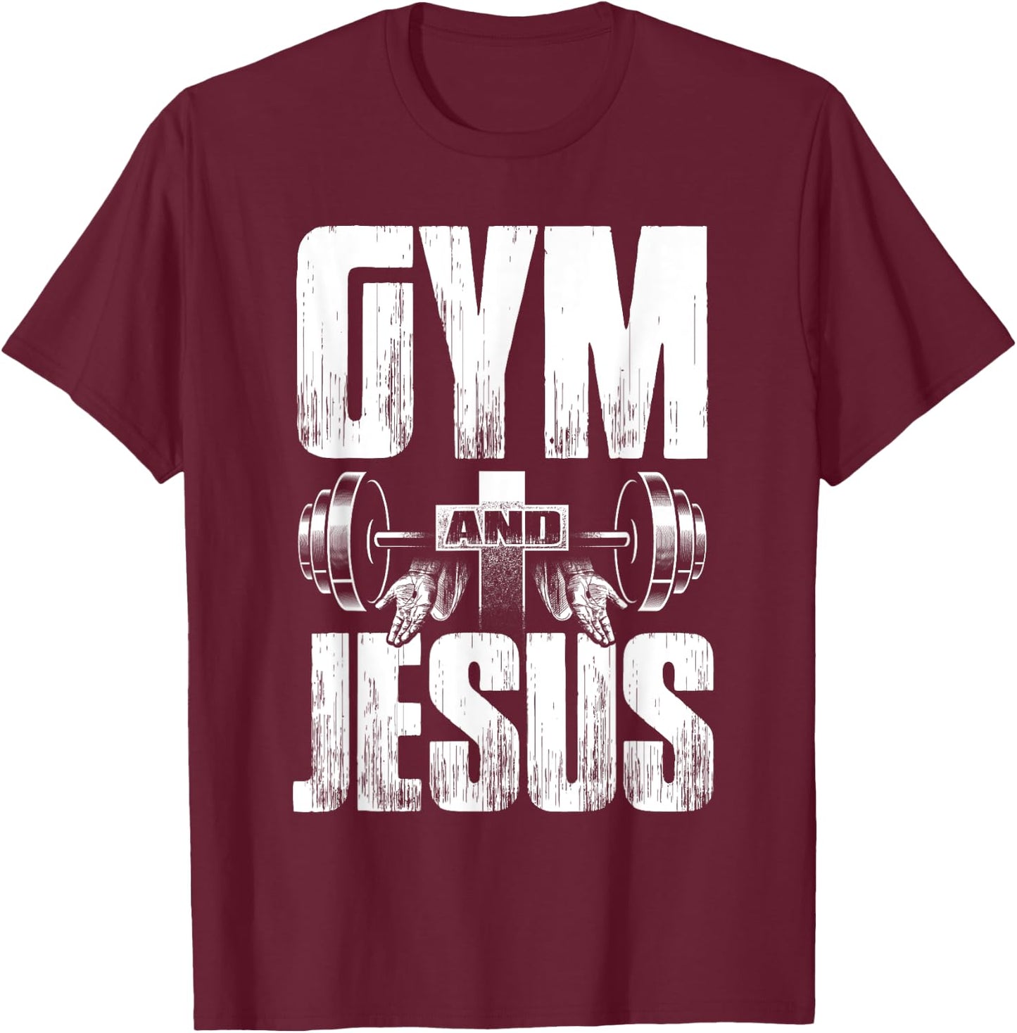 Fitness Fanatic By Pemissa Religious Workout Gym Jesus Barbell Lifting Weights Black Modern Letter Print T-Shirt - T-Shirt | Maroon