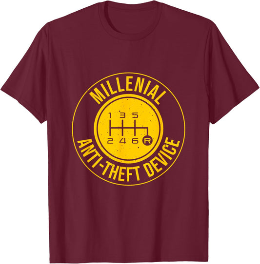Funny Millenial Anti-Theft Device Gift Men Cool Manual Car T-Shirt - T-Shirt | Maroon