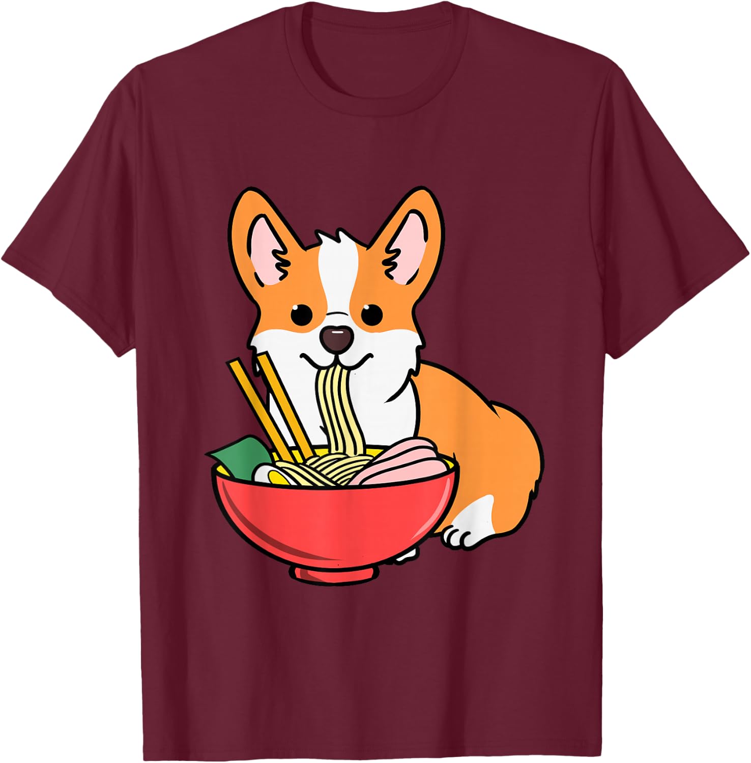 Corgi Eating Ramen T-Shirt - T-Shirt | Maroon