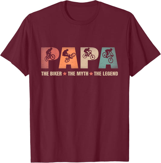 Papa Biker Myth Legend Bicycle Biking Cycling Dad Gift T-Shirt - T-Shirt | Maroon
