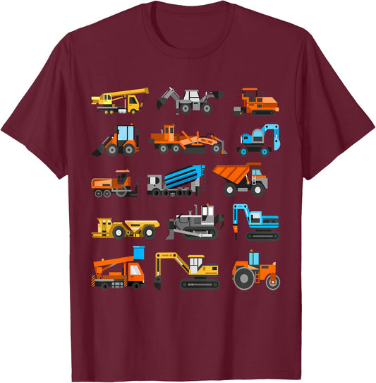 Kids Cute Construction Vehicles Excavator Boys Toddlers T-Shirt - T-Shirt | Maroon