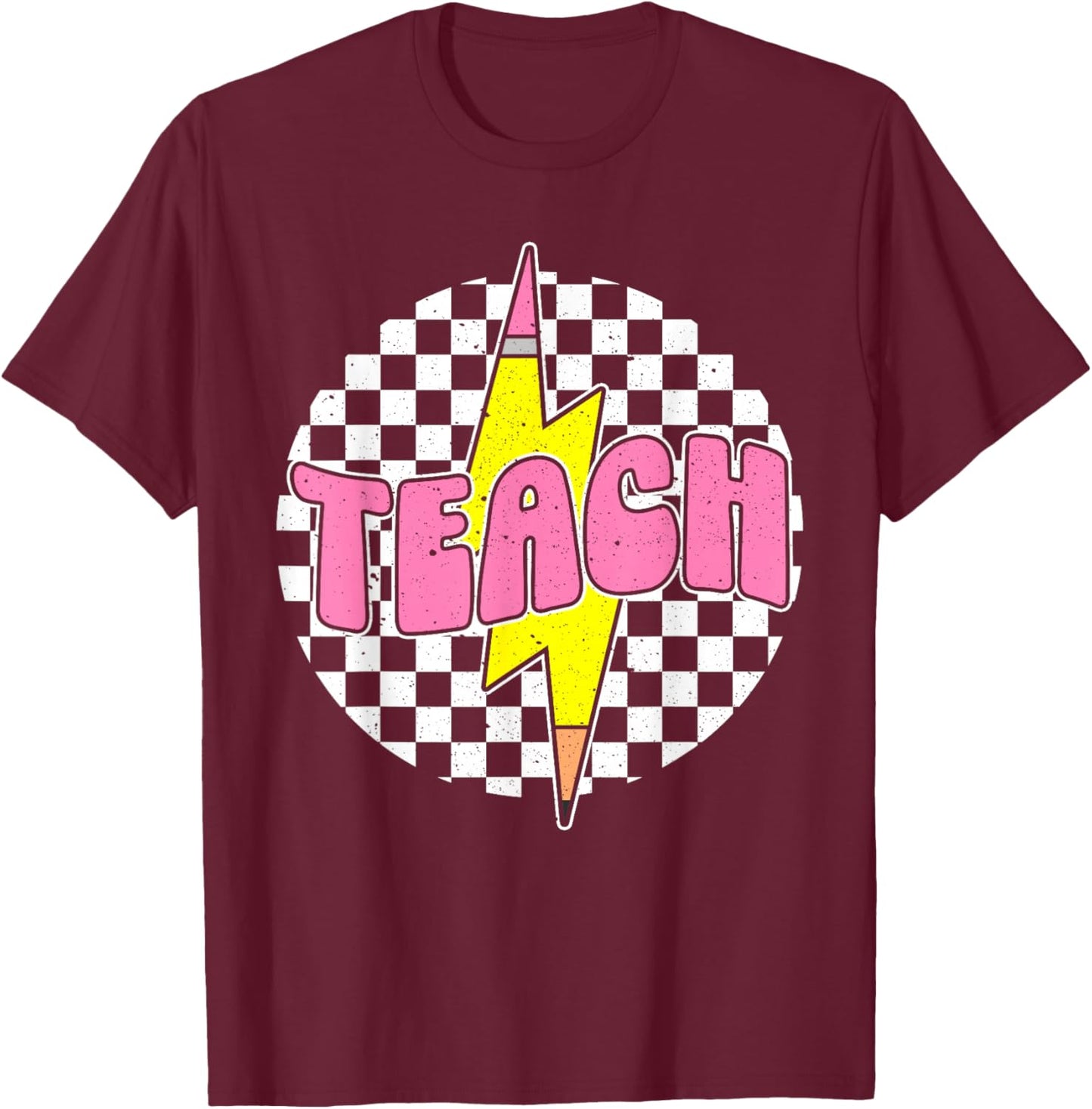 Checkered Teach Pencil Lightning Bolt Back To School T-Shirt - T-Shirt | Maroon