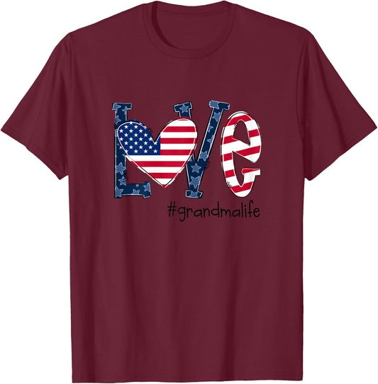 Love Grandma Life American Flag Shirt 4th Of July T-Shirt - T-Shirt | Maroon