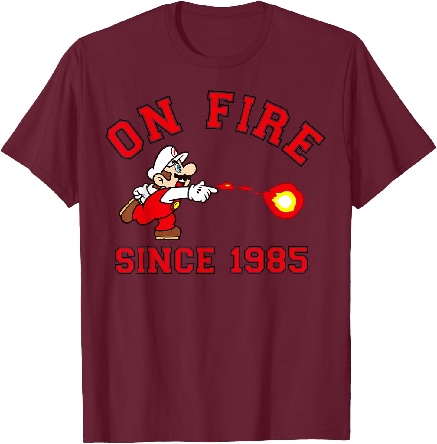 Super Mario Bros On Fire Since 1985 Red Text Collegiate T-Shirt - T-Shirt | Maroon