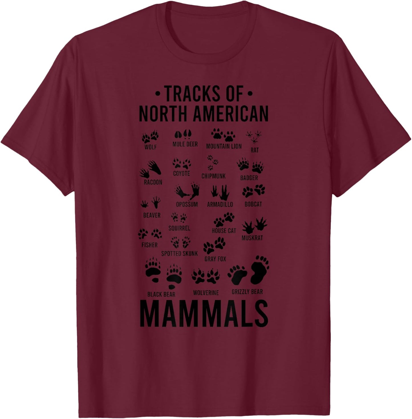 Wildlife Tracks of North American Mammals - Wildlife Tracks T-Shirt - T-Shirt | Maroon