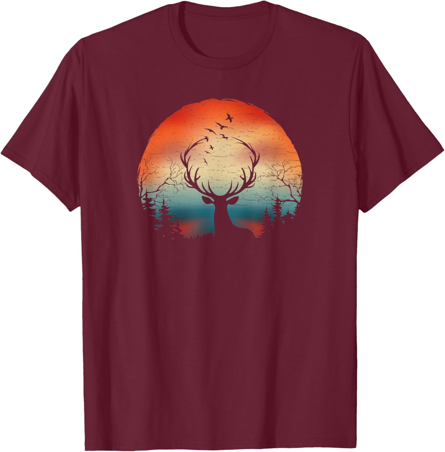 Elks Wapiti In The Woods, Mountains Wild Hunting Camping T-Shirt - T-Shirt | Maroon