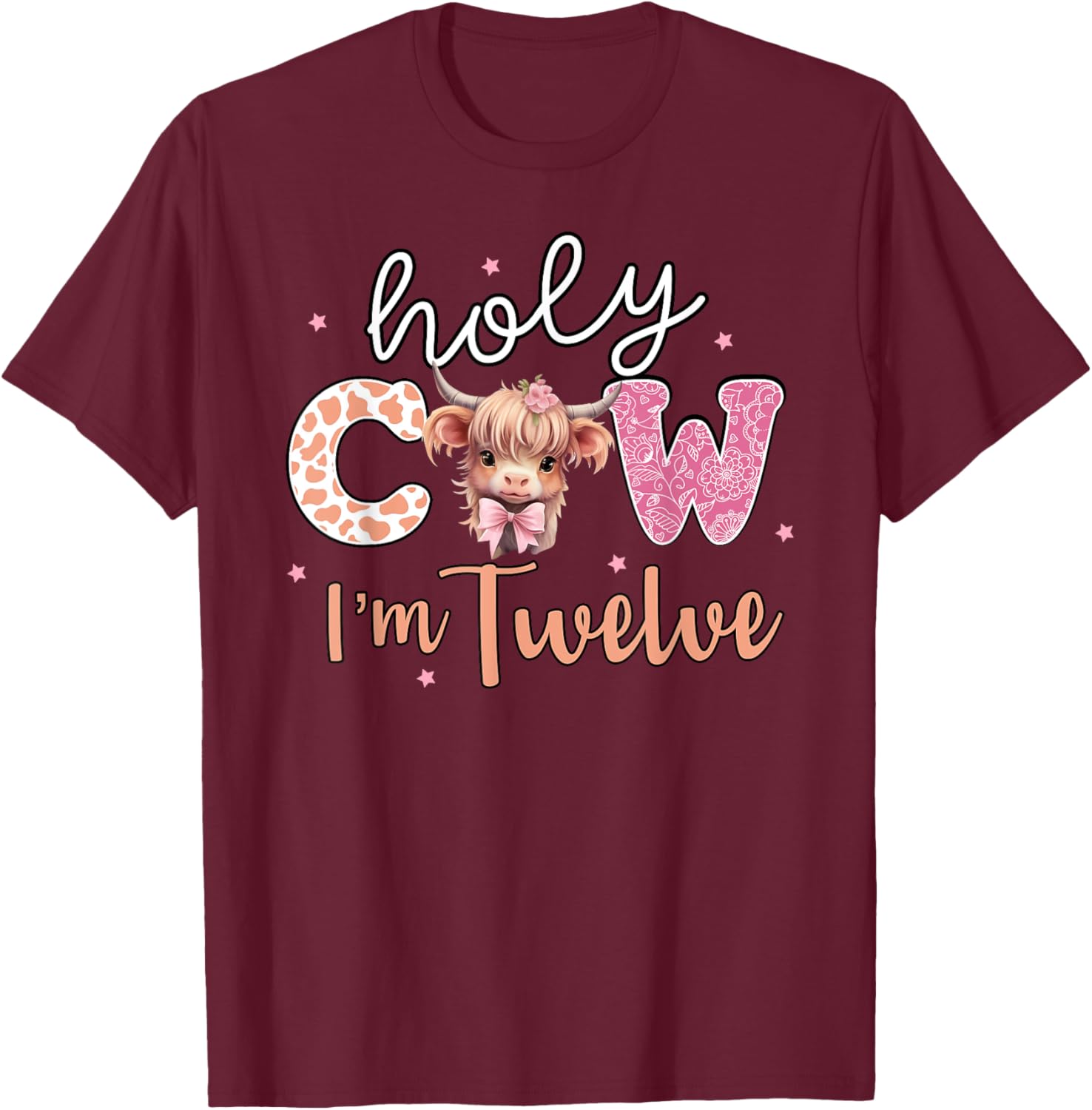 12th Birthday Shirt For Girls 12 Year Old Highland Cow Print T-Shirt - T-Shirt | Maroon